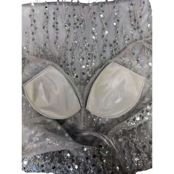 Gianni Bini GB Silver Sequin Feather Cocktail Dress Illusion V Neck - Picture 9 of 15